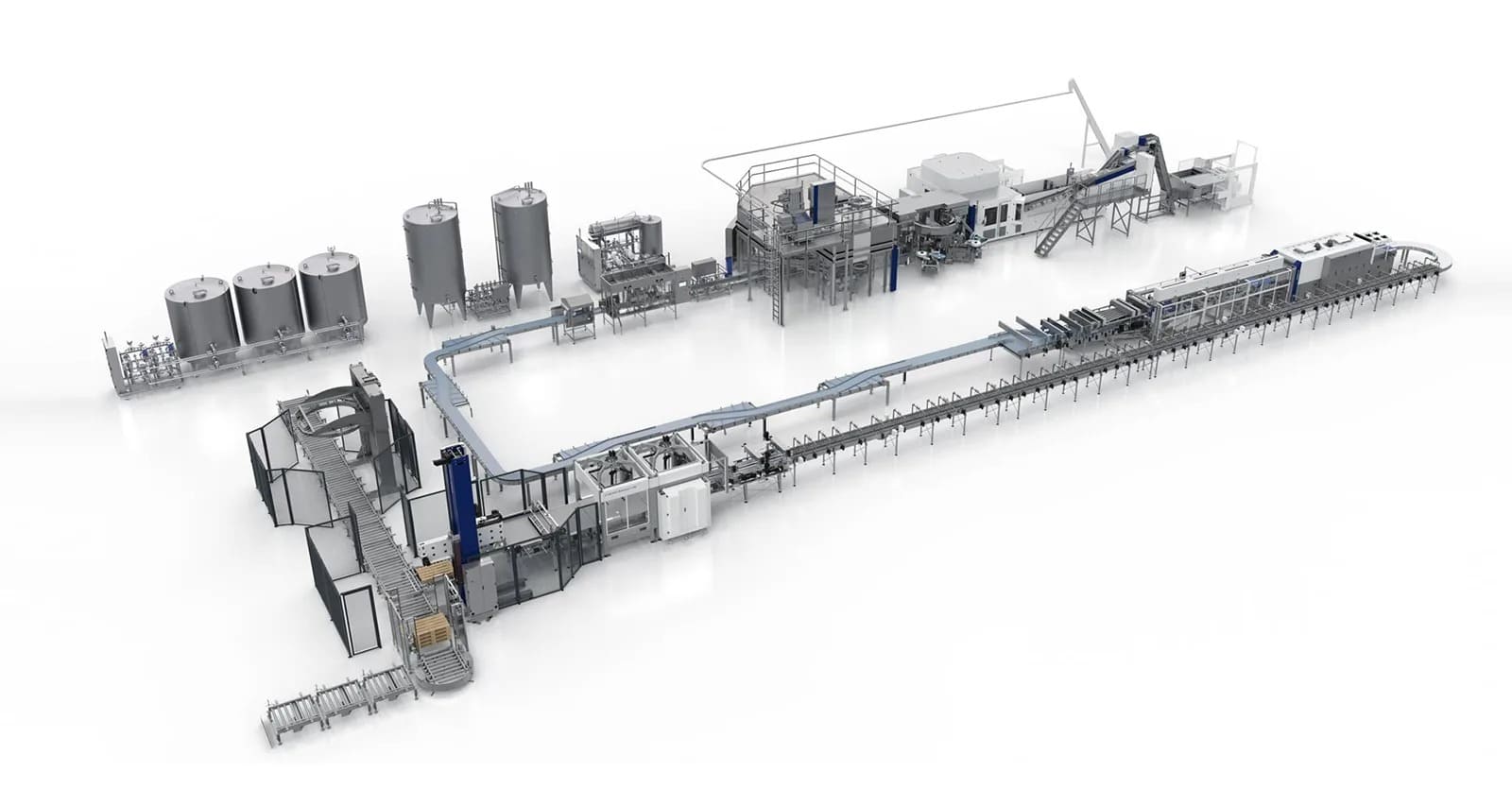 3D engineering layout illustrates how water treatment, bottle blowing, filling, labeling and packaging equipment can be arranged as an integrated production system.